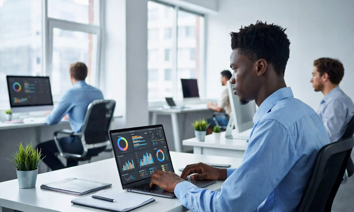 African professional working on laptop with digital marketing dashboard