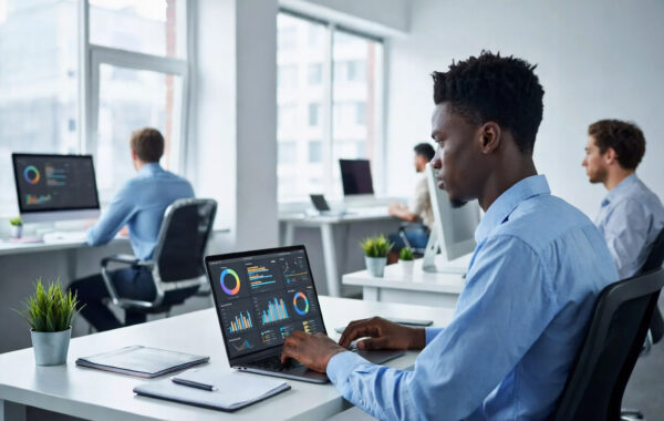 African professional working on laptop with digital marketing dashboard