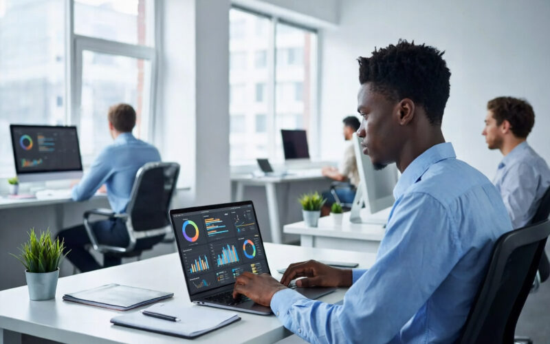 African professional working on laptop with digital marketing dashboard